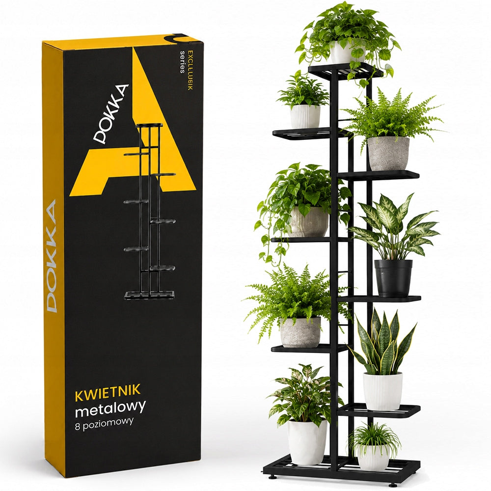 Kwietnik metalowy 8-POZIOMWY piętrowy stojak na doniczki rośliny kwiaty 8P czarny regał wielopoziomowy 141 cm
