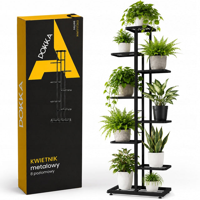 Kwietnik metalowy 8-POZIOMWY piętrowy stojak na doniczki rośliny kwiaty 8P czarny regał wielopoziomowy 141 cm