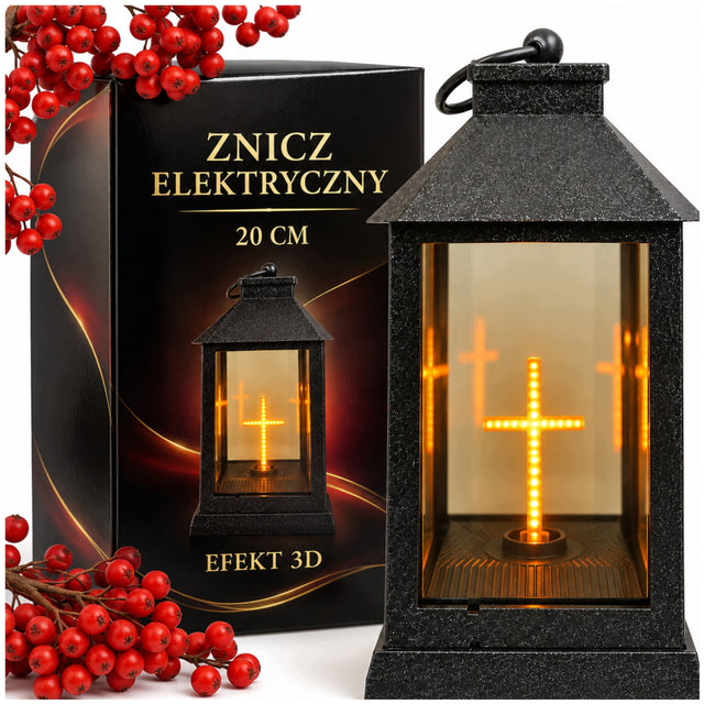 Znicz na grób ze świeczką lampion latarnia nagrobna LED 3D krzyż świeczka wkład elektryczny cmentarny, wysokość 20 cm, czas działania ponad 75 h