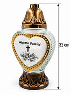 Znicz Szklany Zn-145 Duże Złote Serce z Napisem 32 CM świeca nagrobna parafinowa na cmentarz, dekoracja grobu, palenie