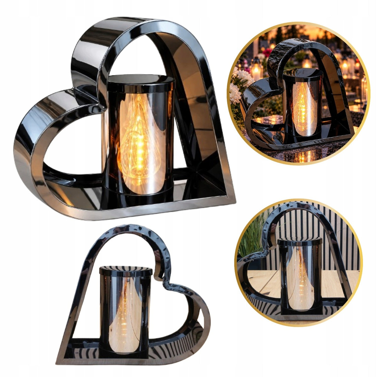 Metalowy znicz serce czarny szklany na grób cmentarz elegancki duży 26 CM lampion nagrobny led bez baterii
