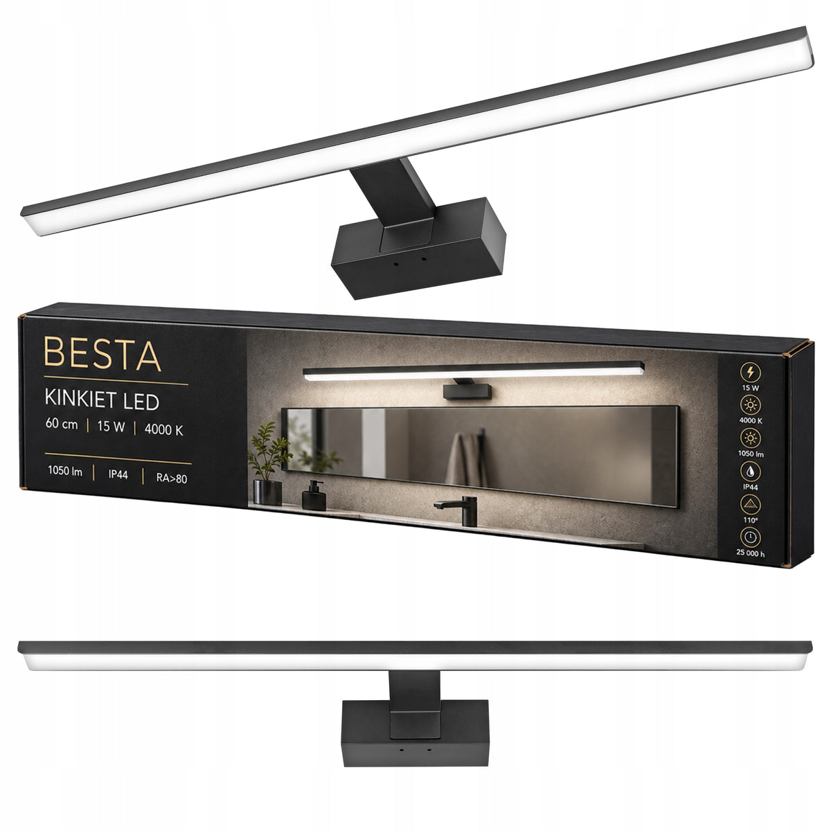 Kinkiet LED łazienkowy ścienny Lampa nad lustro 15W 60cm aluminium do umywalki czarna oprawa ze zintegrowanym źródłem