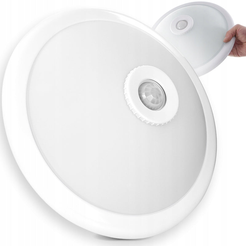Okragły biały plafon LED sufitowy natynkowy panel czujnik ruchu 30cm 2xE27 lampa do przedpokoju, holu lub klatki