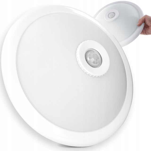 Okragły biały plafon LED sufitowy natynkowy panel czujnik ruchu 30cm 2xE27 lampa do przedpokoju, holu lub klatki schodowej