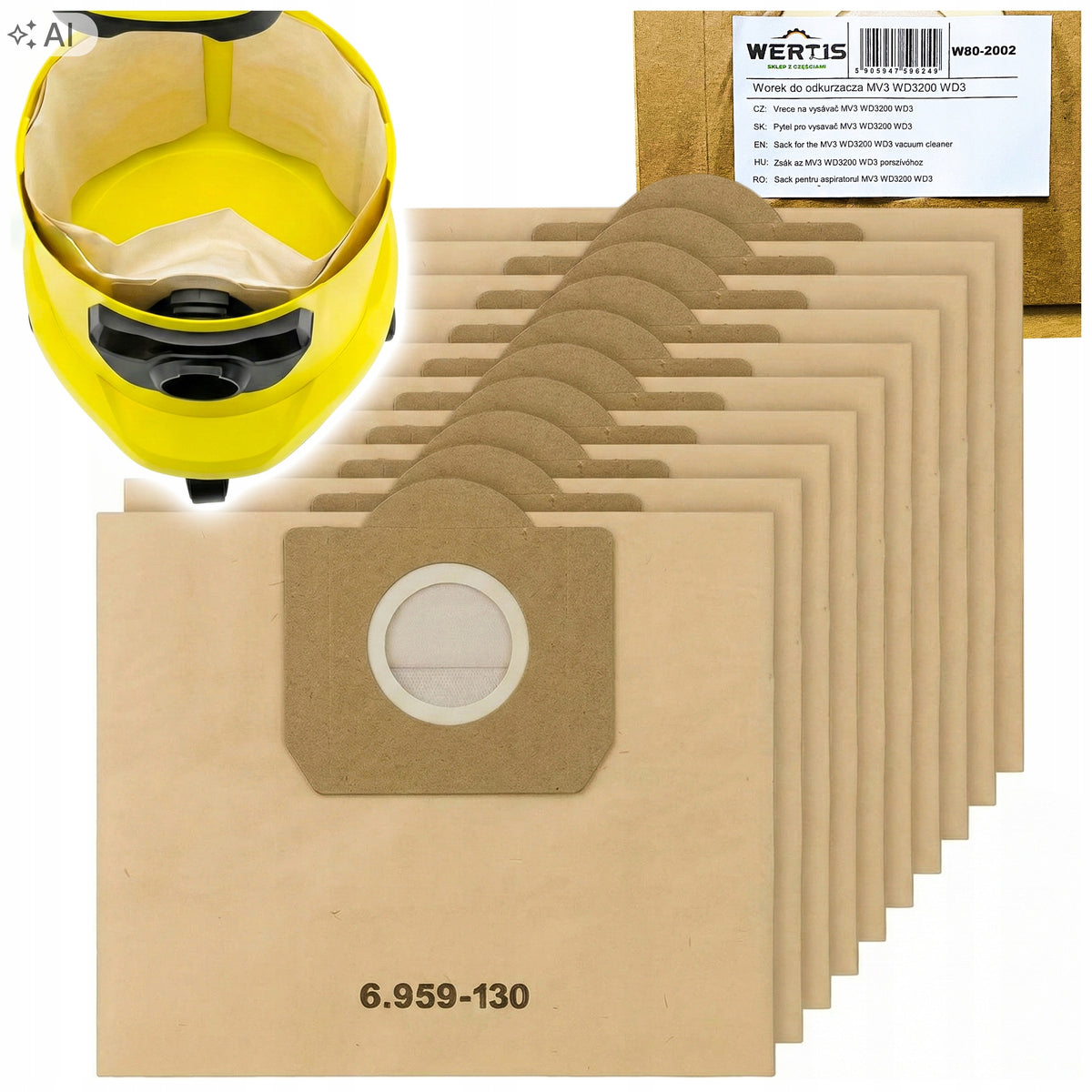 10x WORKI DO ODKURZACZA KARCHER WD3 200 MV3 SE 4001 PAPIEROWE WZMOCNIONE wkłady filtracyjne, zbieranie kurzu i pyłu