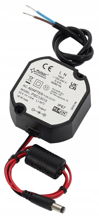 Zasilacz 12V 1,5A pulsar puszka 58mm PSC12015 IP67 do centrali alarmowej przewodowej, systemu sygnalizacji włamania