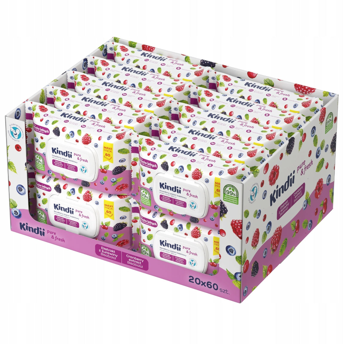 Nawilżany Papier Toaletowy dla Dzieci Kindii Pure&Fresh Owoce leśne 20x60 mokre chusteczki higieniczne, zapachowe listki