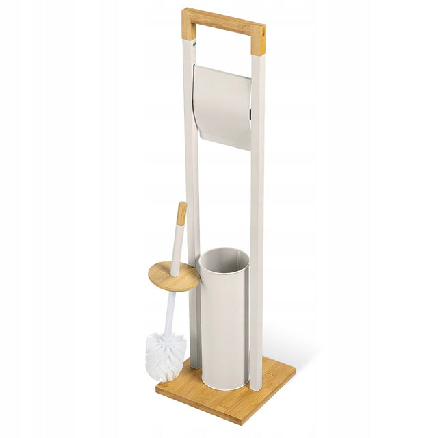 Stojak na papier toaletowy uchwyt wieszak szczotka do WC 2w1 pojemnik BEŻ metalowy wolnostojący organizer łazienkowy zamykany 77 cm