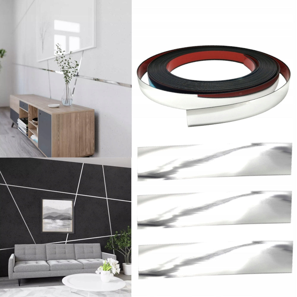 Listwa dekoracyjna ozdobna srebrna PVC 21mm chrom 10 metrów samoprzylepna taśma wykończeniowa, okleina, naklejka do