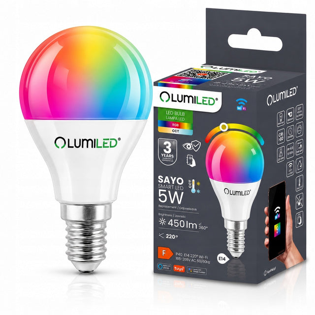 Żarówka LED E14 P40 5W=40W tuya RGB CCT Ściemnialna Inteligentna WiFi smart źródło światła do kinkietu i świecznika, 450 lm, sterowanie aplikacją