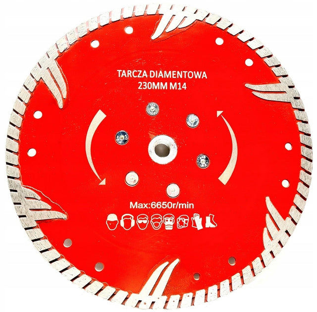 Tarcza diamentowa do cięcia betonu zbrojonego granitu 230mm flansza M14 do cegieł i kamienia, otwór 22,2 mm, rzaz 2,6 mm