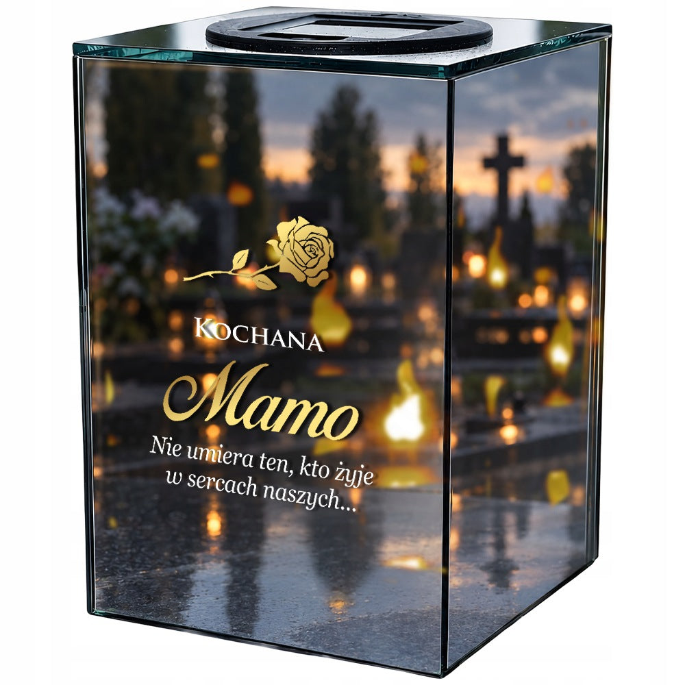Znicz Lustrzany dla Mamy Solarny na Dzień Matki LED z Grawerem Elegancki lampion nagrobny, ozdoba cmentarna, 15 cm