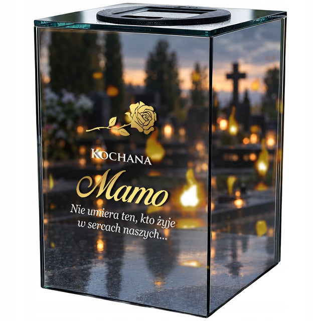 Znicz Lustrzany dla Mamy Solarny na Dzień Matki LED z Grawerem Elegancki lampion nagrobny, ozdoba cmentarna, 15 cm, świecenie ponad 75 h