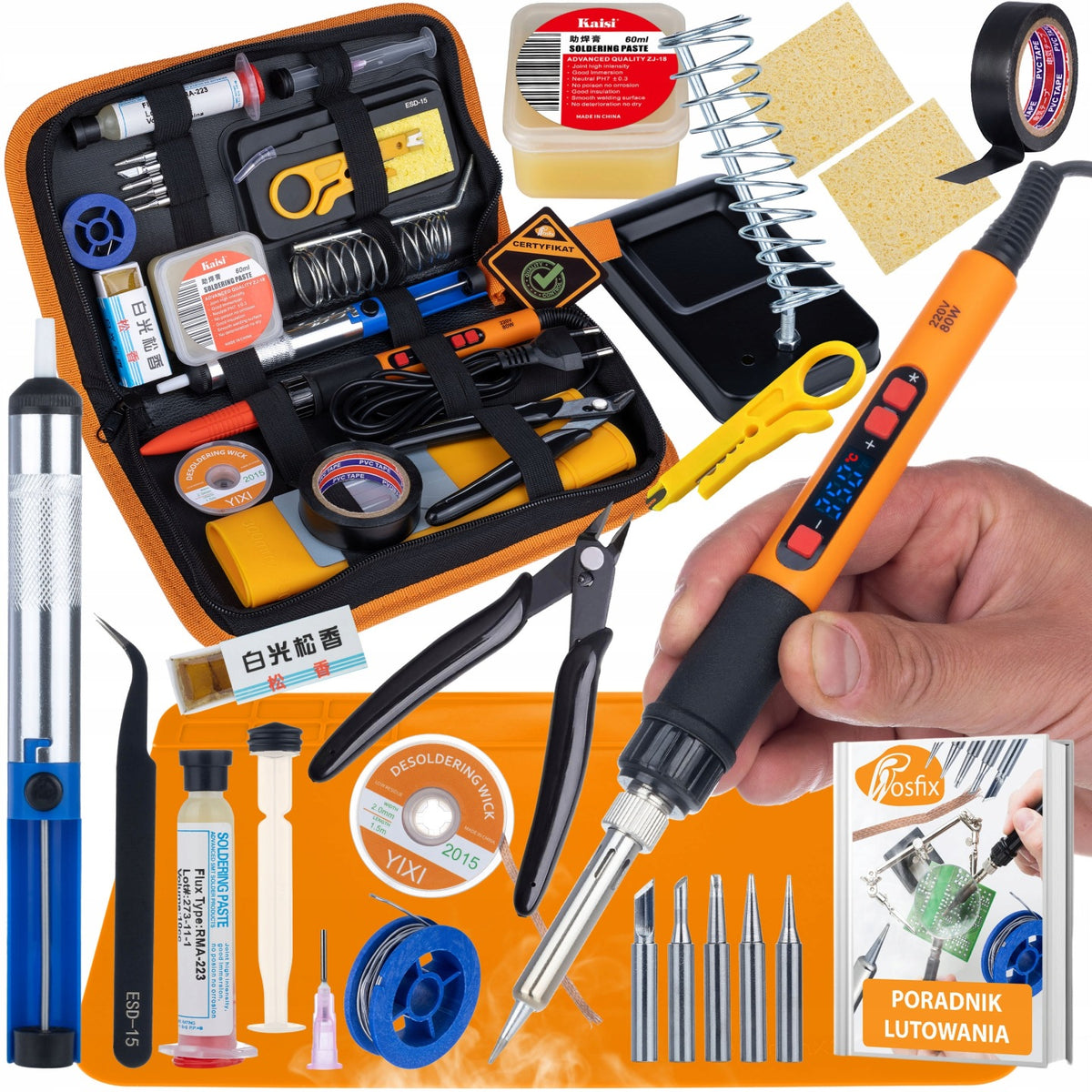 ZESTAW LUTOWNICZY 17W1 MOCNA LUTOWNICA 80W LCD ETUI PODSTAWKA CYNA PORADNIK do elektroniki, napraw kabli i płytek