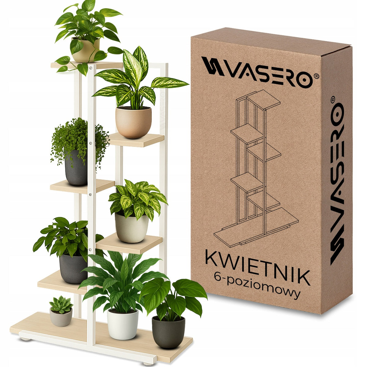 Kwietnik Stojący Metalowy Drewno Loft Stojak Na Kwiaty Rośliny Półki 113cm regał na doniczki, miejsce na 6 donic