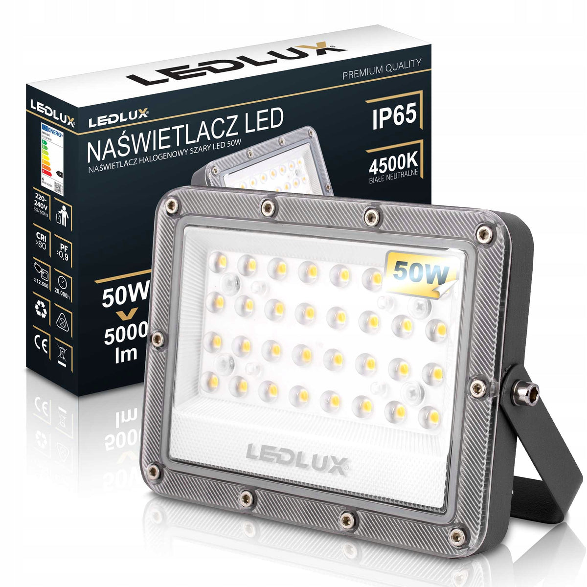 Halogen Naświetlacz Reflektor LED 50W 5000lm Slim zewnętrzny Wodoodporny lampa IP65, światło neutralne 4500 K do