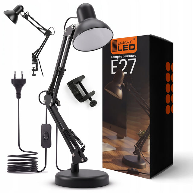 Lampka Biurkowa LED Kreślarska Szkolna Regulowana Czarna Stojąca E27 Klips do czytania, rysowania i pracy, zasilanie sieciowe, wysokość 65 cm, 40 w