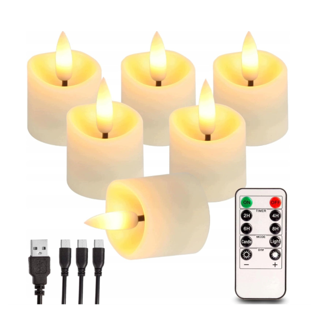 Świece LED bezpłomieniowe akumulatorowe 6 szt z pilotem timer USB mini lampki dekoracyjne imitujące płomień do stroików