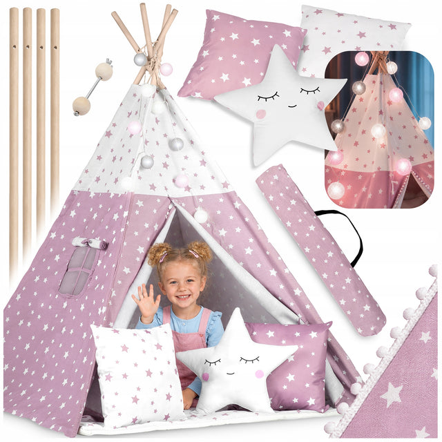 Tipi namiot dla dzieci Wigwam teepee lampki Poduszki Stabilizator Nukido iglo do zabawy, mata, pokrowiec, pompony, różowy, od 3 lat