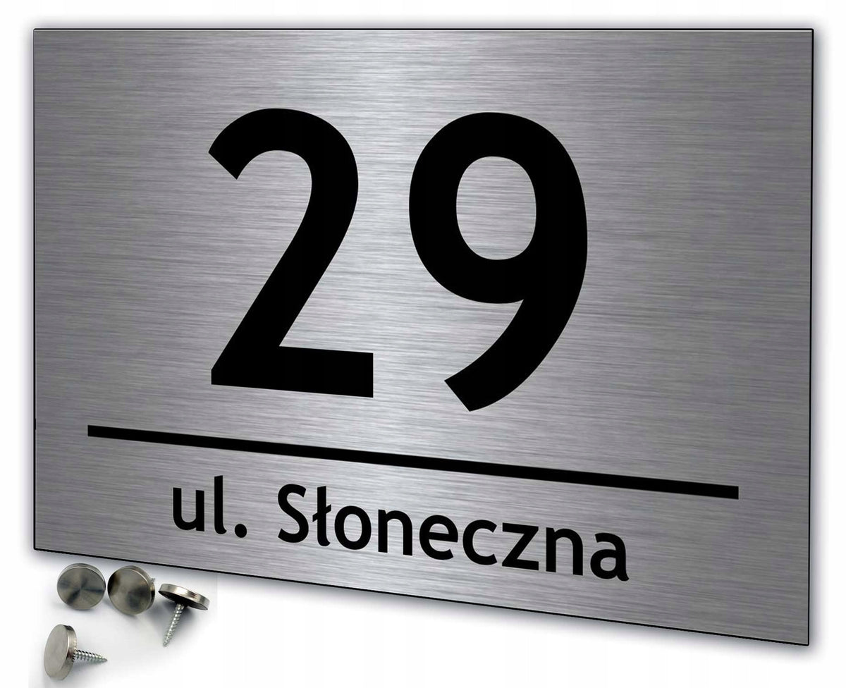 Tablica tabliczka adresowa numer domu aluminiowa + Wkręty, zaślepki szyld na elewację, oznaczenie budynku, srebrny