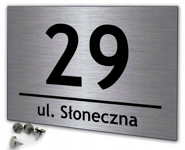 Tablica tabliczka adresowa numer domu aluminiowa + Wkręty, zaślepki szyld na elewację, oznaczenie budynku, srebrny, 30x20 cm, grubość 3 mm