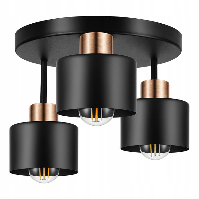 Lampa sufitowa wisząca LED żyrandol plafon loft nowoczesna E27 czarna metalowa oprawa 3-punktowa, 60 w na źródło, klosz 12 cm