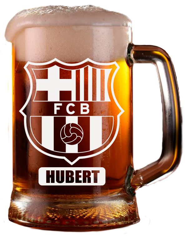 Duży KUFEL DO PIWA KIBICA FC BARCELONA + Grawer Twojego IMIENIA Prezent LUX pokal ze szkła 660 ml, można myć w zmywarce