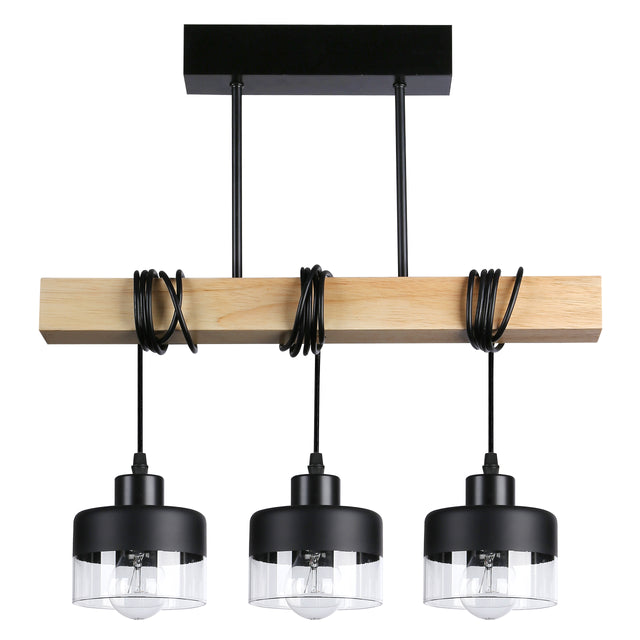 Lampa sufitowa wisząca żyrandol LED 3x E27 oprawa loft drewno szklana czarna do salonu jadalni kuchni, 3 punkty, do 50 w na żarówkę