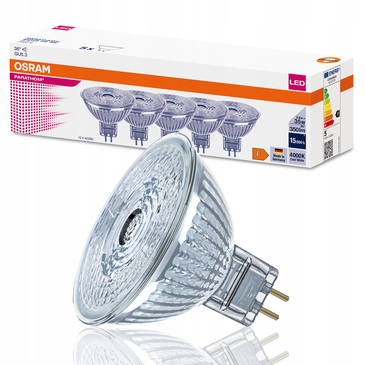 Osram żarówka LED reflektor MR16 3.8W GU5.3 4000K 350lm 12V 36° do oświetlenia punktowego, lampka punktowa, biały