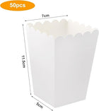 50 sztuk pudełek na popcorn, małe białe pudełka na popcorn, pojemniki 12 cm miseczki na prażoną kukurydzę, opakowania