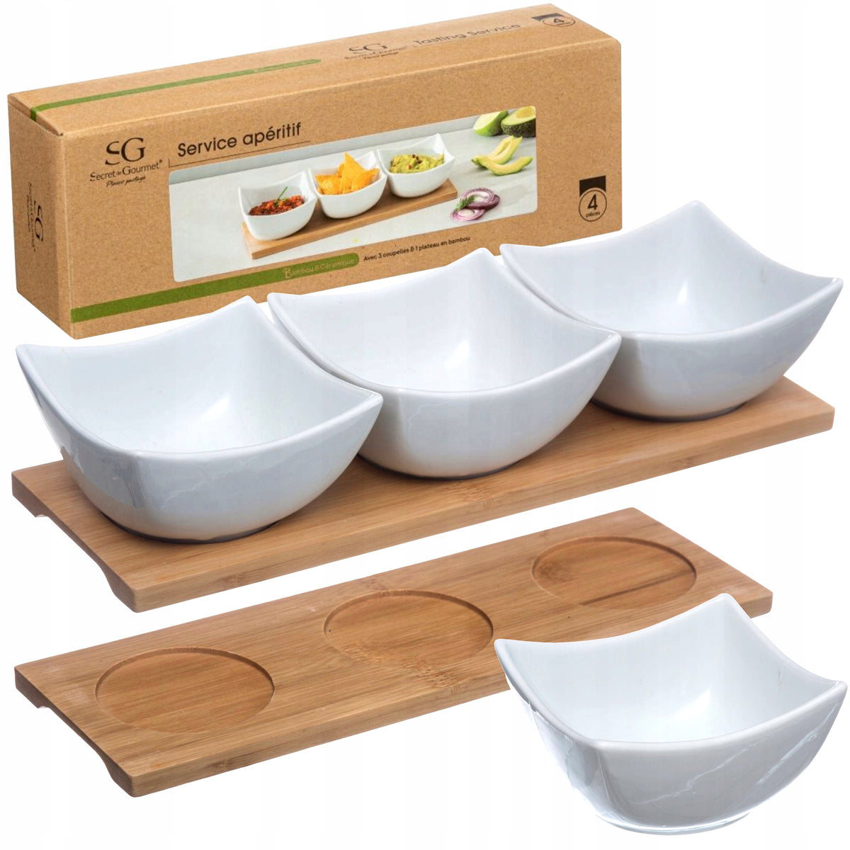 SOSJERKA DO SOSÓW DIPÓWKA MISECZKA SOSY MISECZKI X3 ZESTAW TACA BAMBUSOWA porcelanowe naczynia do serwowania przekąsek