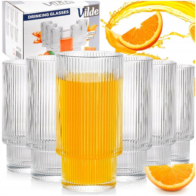 6x Szklanki ryflowane do napojów wody drinków zestaw komplet szklanek 320ml bezbarwne szkło, do serwowania, można myć w zmywarce