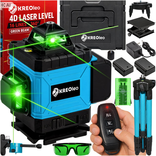 Poziomnica laserowa poziomica 4D 16 linii krzyżowa 360 laser zestaw statyw zielona wiązka zasięg 45 m dokładność 0,2 mm niwelator budowlany