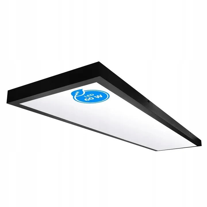 Panel LED Sufitowy 60W natynkowy 120 x 30cm Plafon 5400LM Czarna lampa prostokątna, oświetlenie do biura i domu