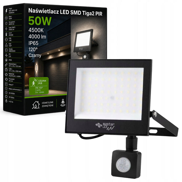Halogen LED z czujnikiem ruchu naświetlacz lampa 50W 4500K zewnętrzny IP65 reflektor 5400 lm neutralna biel do podjazdu i ogrodu