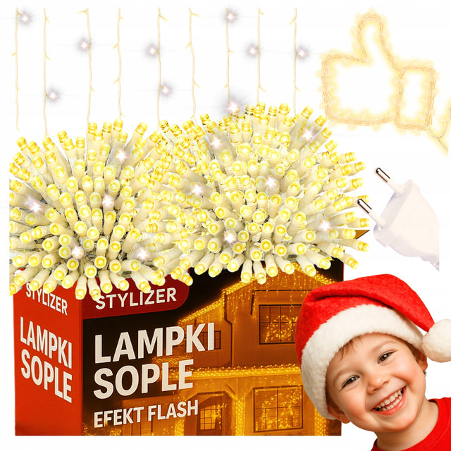 Lampki zewnętrzne Sople kurtyna Girlanda 300 LED Ciepły biały + flash kurtyna świetlna 15000 cm na balkon i elewację, dekoracja świąteczna, zasilanie