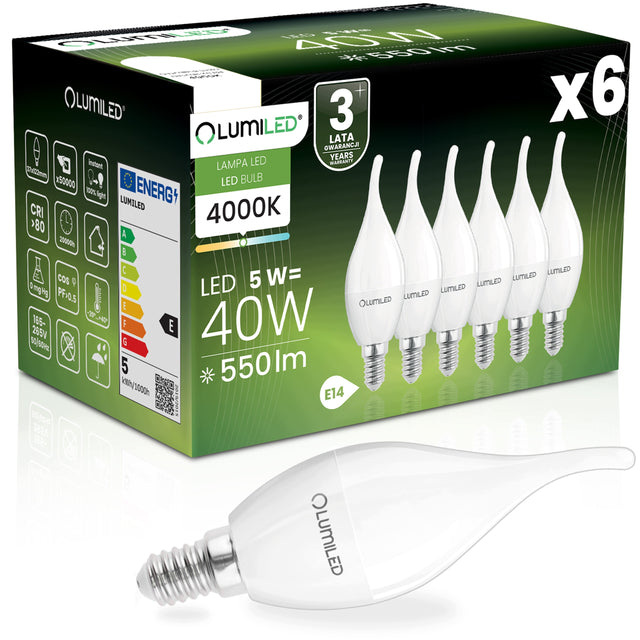 6x Żarówka LED E14 Świeczka BA35 5W = 40W 550lm 4000K 180° lumiled do żyrandoli, kinkietów i lamp dekoracyjnych, neutralne białe światło