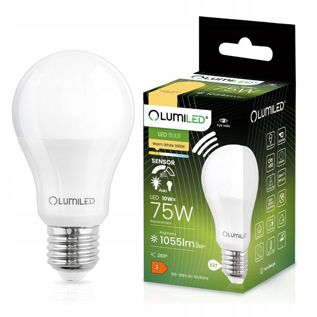 Żarówka LED E27 A60 10W = 75W czujnik ruchu Mikrofalowy 1055lm 3000K Ciepła automatyczne światło do korytarza, garażu i piwnicy