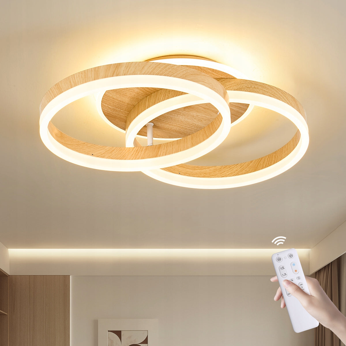 Lampa sufitowa LED Double Circle50CM,ściemniana,36W,z pilotem,Wygląd drewna plafon okrągły do salonu, białe światło