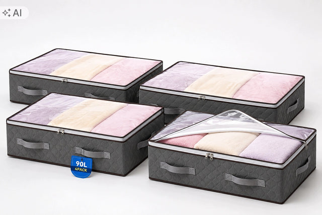 4x organizery pod łóżko pudełka pojemniki na pościel ubrania kołdre 90l K89 z pokrywką, tekstylne, szare, do przechowywania
