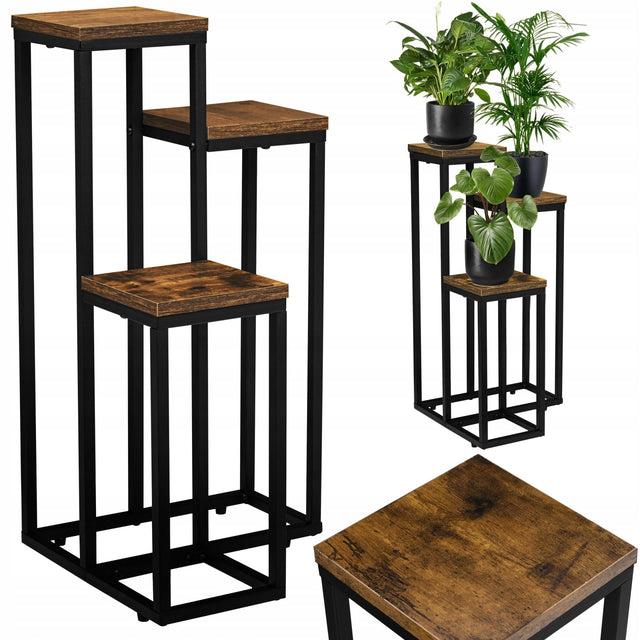 Kwietnik stojący loft industrial stojak na kwiaty rośliny metalowy 67 cm ekspozytor doniczek, 3 donice, brązowo-czarny