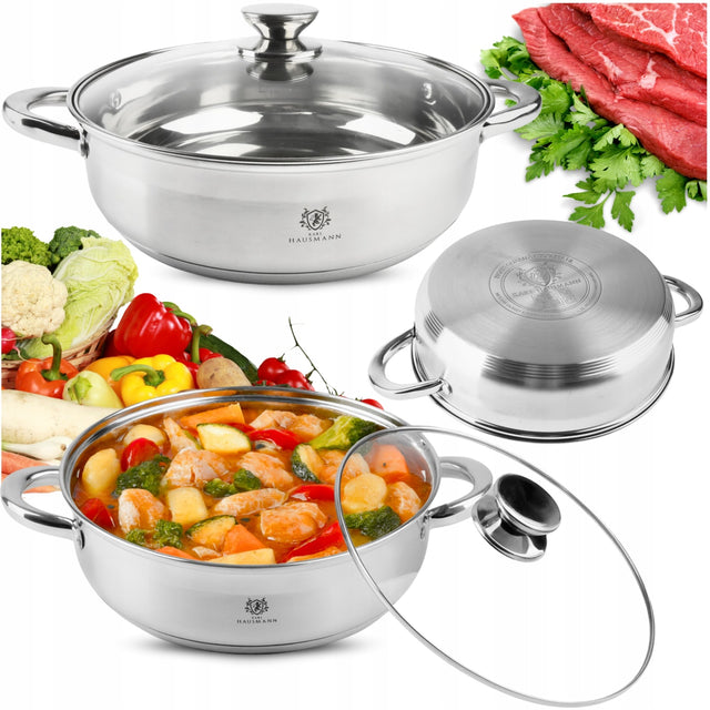 Garnek indukcja GAZ ze stali nierdzewnej 7,6l 32cm z pokrywką niski solid do gotowania zup, bigosu i duszenia potraw