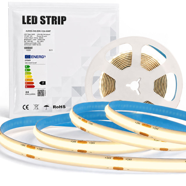 Taśma LED COB 24V ciepła biała 3000k 1050lm 320led 10W/m rolka 8mm x 5m pasek świetlny, oświetlenie dekoracyjne ściemnialne do wnętrz