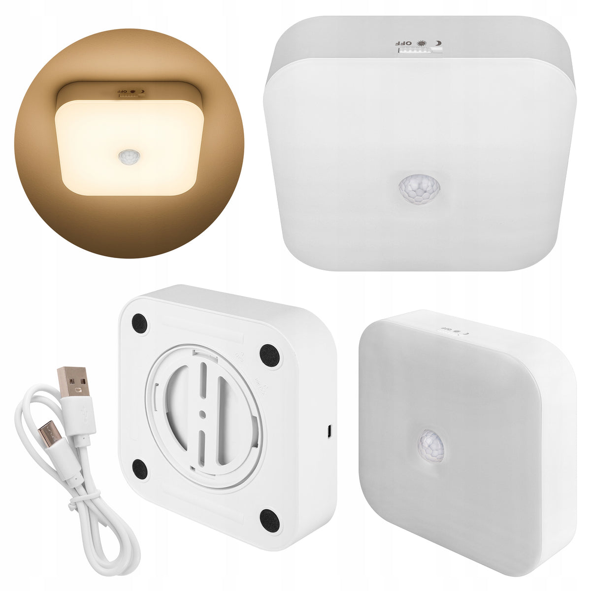 Plafon LED lampa sufitowa panel czujnik ruchu PIR akumulator bateria USB kwadratowe białe oświetlenie do szafy