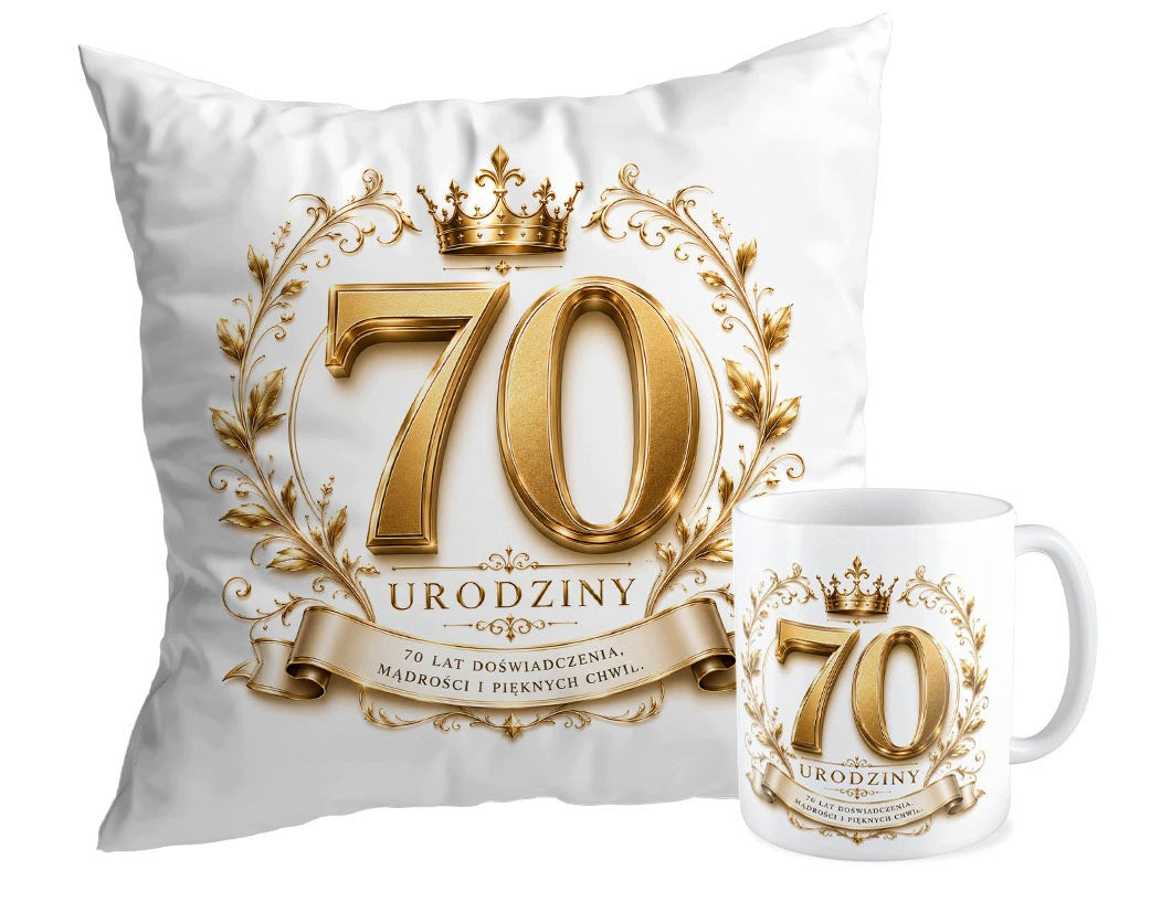 Zestaw poduszka + kubek prezent 70 urodziny upominek dla jubilata, gadżet dla seniora
