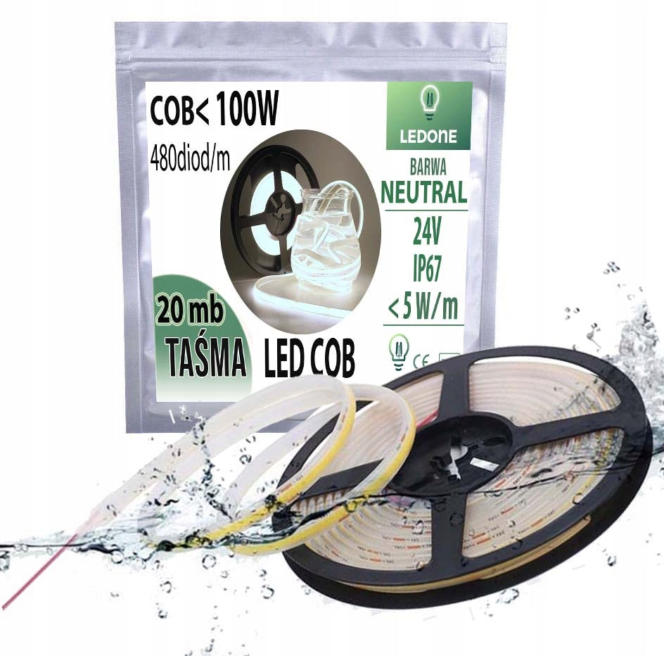 Taśma LED COB 24V 5w/m IP67 neon linia dzienna termococon wodoodporna 20MB oświetleniowa do wnętrz, biały neutralny