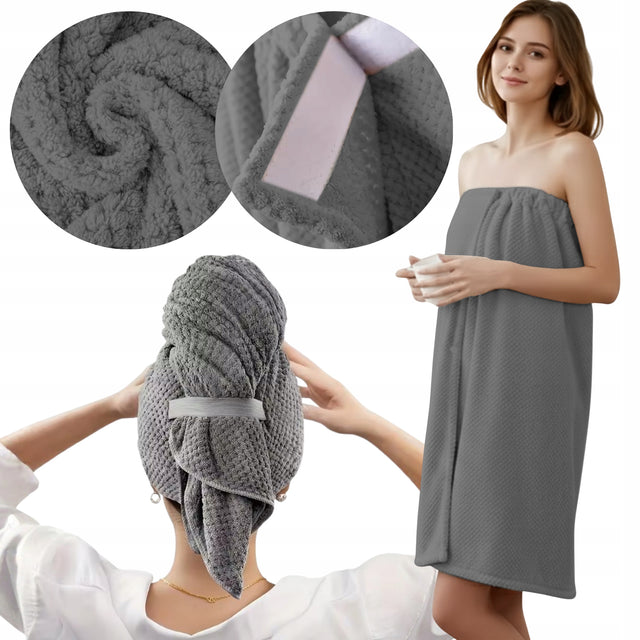 Zestaw ręcznik do sauny mikrofibra 140x85 CM + turban na włosy 60x100 CM szare pareo, okrycie kąpielowe