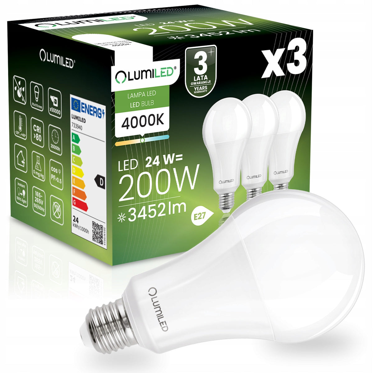 3x Żarówka LED E27 A95 24W = 200W 3452lm 4000K Neutralna 260° lumiled trzonek Edison, do lamp sufitowych i stojących
