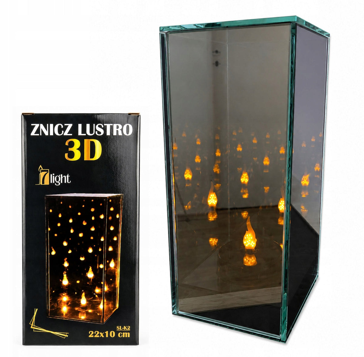 Lustrzany Znicz Efekt 3D Nieskończoności prostokątny Szklany LED na baterie lampion nagrobny, dekoracja na grób, 22 cm