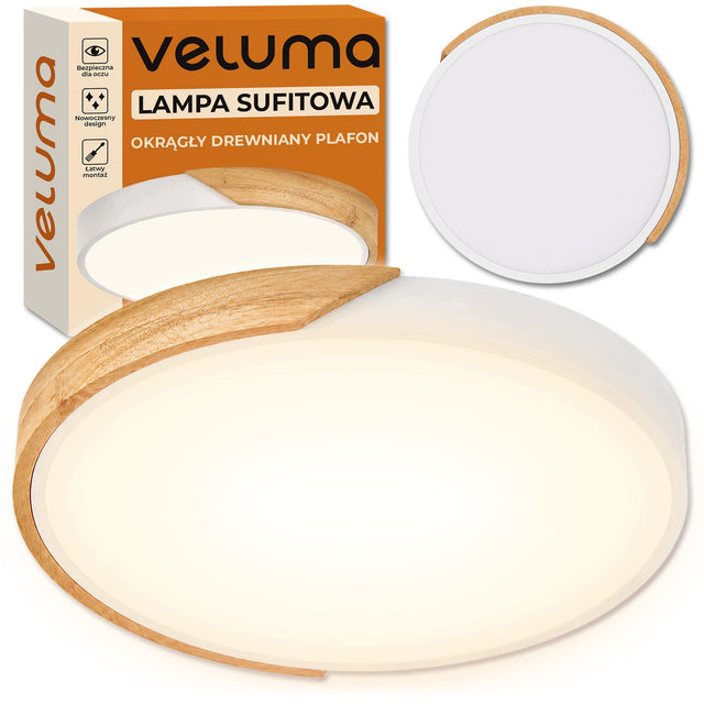 Lampa Sufitowa LED Veluma Plafon Premium Okrągły Drewniany 30W 3000K 3300lm oprawa do salonu sypialni, ciepła barwa, zintegrowany moduł